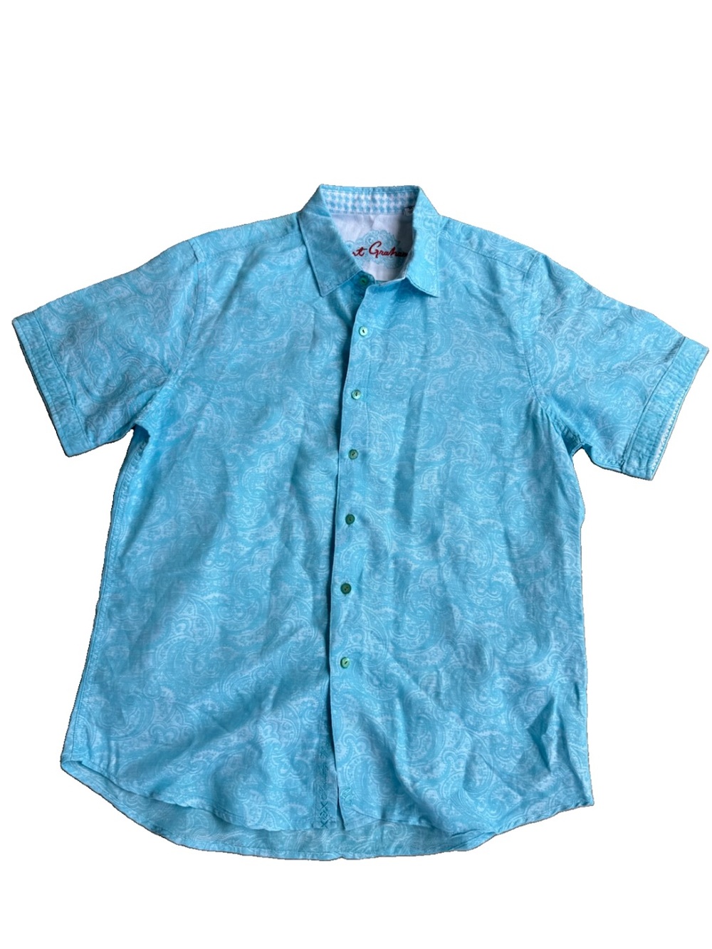 Robert Graham Paisley Garden Men Sz Medium Blue Teal Geometric Short Sleeve